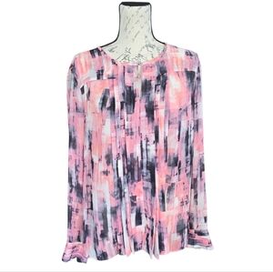 Ellen Tracy Pink Black Brushstroke Semi Sheer Long Sleeve Blouse L